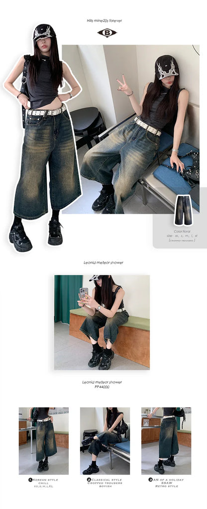2024 American Vintage High Waist Mid Long Baggy Denim Shorts Women's Casual 2000s Y2K Wide Leg Grunge High Street Style Shorts