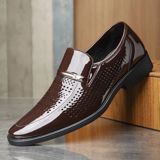 Men's Summer Breathable Leather Shoes Hollow out Comfortable Anti-Slip Formal Derby Shoes-2119-1