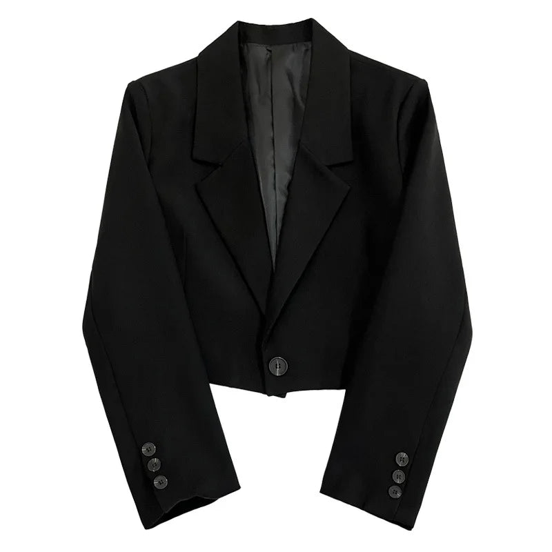 Black Cropped Blazers Woman Trend 2025 New All-match Notched Collar Crop Jacket Women Korean Chic Single Button Suit Coat