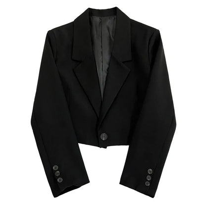Black Cropped Blazers Woman Trend 2025 New All-match Notched Collar Crop Jacket Women Korean Chic Single Button Suit Coat