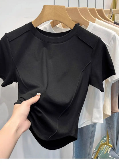 2026 Summer White T-shirt Cotton Female Short-sleeved Student Versatile Slim T-shirt Harajuku Crop Top Trend