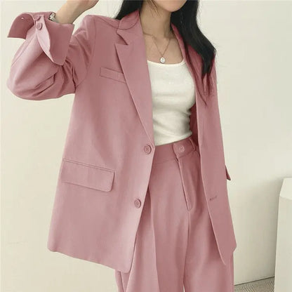 Casual Notch Lapel Suit Set with Button Thick Wide Leg Small Suit Pants High Waist Drape Polyester Business Lady Style Women
