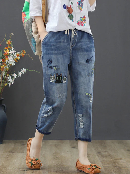2025 Fashion Summer Streetwear Denim Trousers Ladies Vintage Elastic Jeans Womens Casual Loose Embroidery Harem Pants