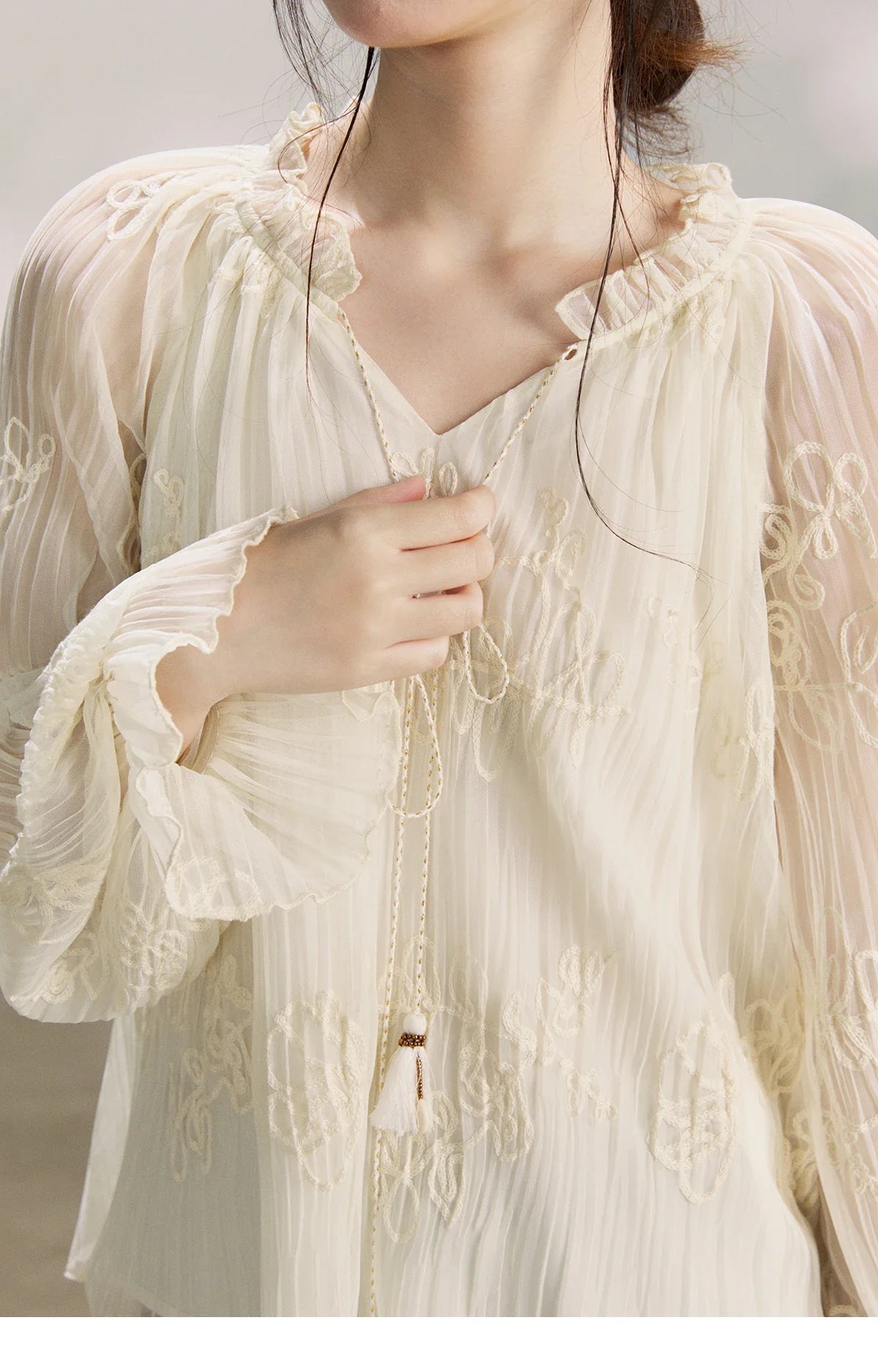 Women's Tassel Tie Flower Embroidered Blouse 2026 Spring V-Neck Lantern Sleeves Top Casual Loose Sheer Blouses MXF13X2525