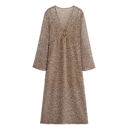 Sexy Sequined Long Pleated Dress Women Deep V-neck Full Sleeve See Through Dresses 2026 Summer Lady Party Evening Dresses ﻿