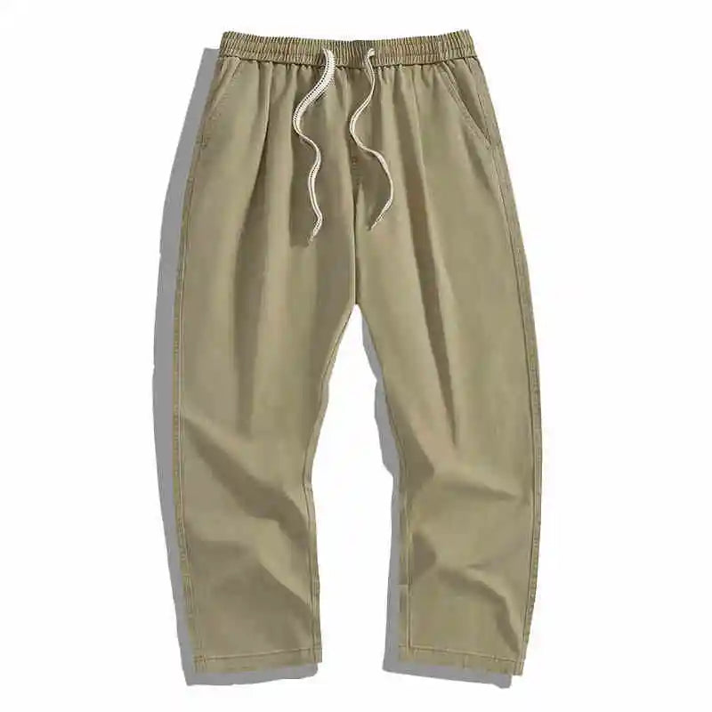 Spring Summer Cargo Pants Men Cotton Enzyme Wash Distressed Loose Fit Straight Leg Khaki Drawstring Elastic Waist Casual Pants