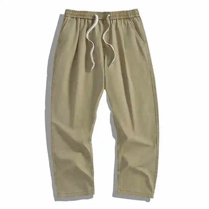 Spring Summer Cargo Pants Men Cotton Enzyme Wash Distressed Loose Fit Straight Leg Khaki Drawstring Elastic Waist Casual Pants