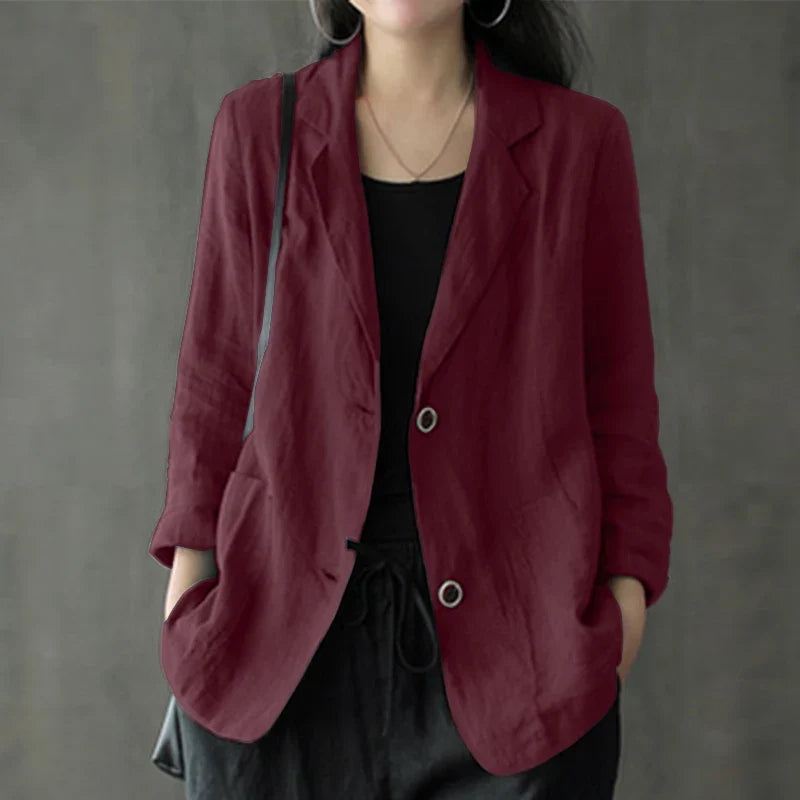 Women Lapel Neck Long Sleeve Blazer Autumn Vintage Casual Solid Cotton Blazer Elegant Cardigan Thin Coats Work Suits
