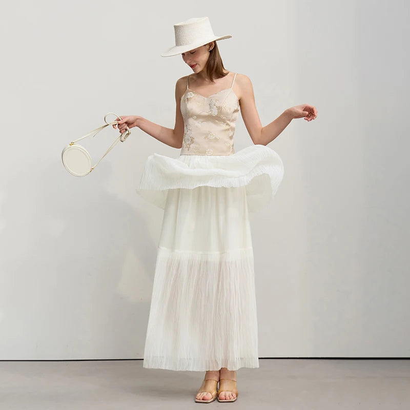 Long Skirt 2026 Spring New Casual Vacation Waist Pleated Mesh Long Skirt Women Loose Solid Versatile Woman Clothes 12621001