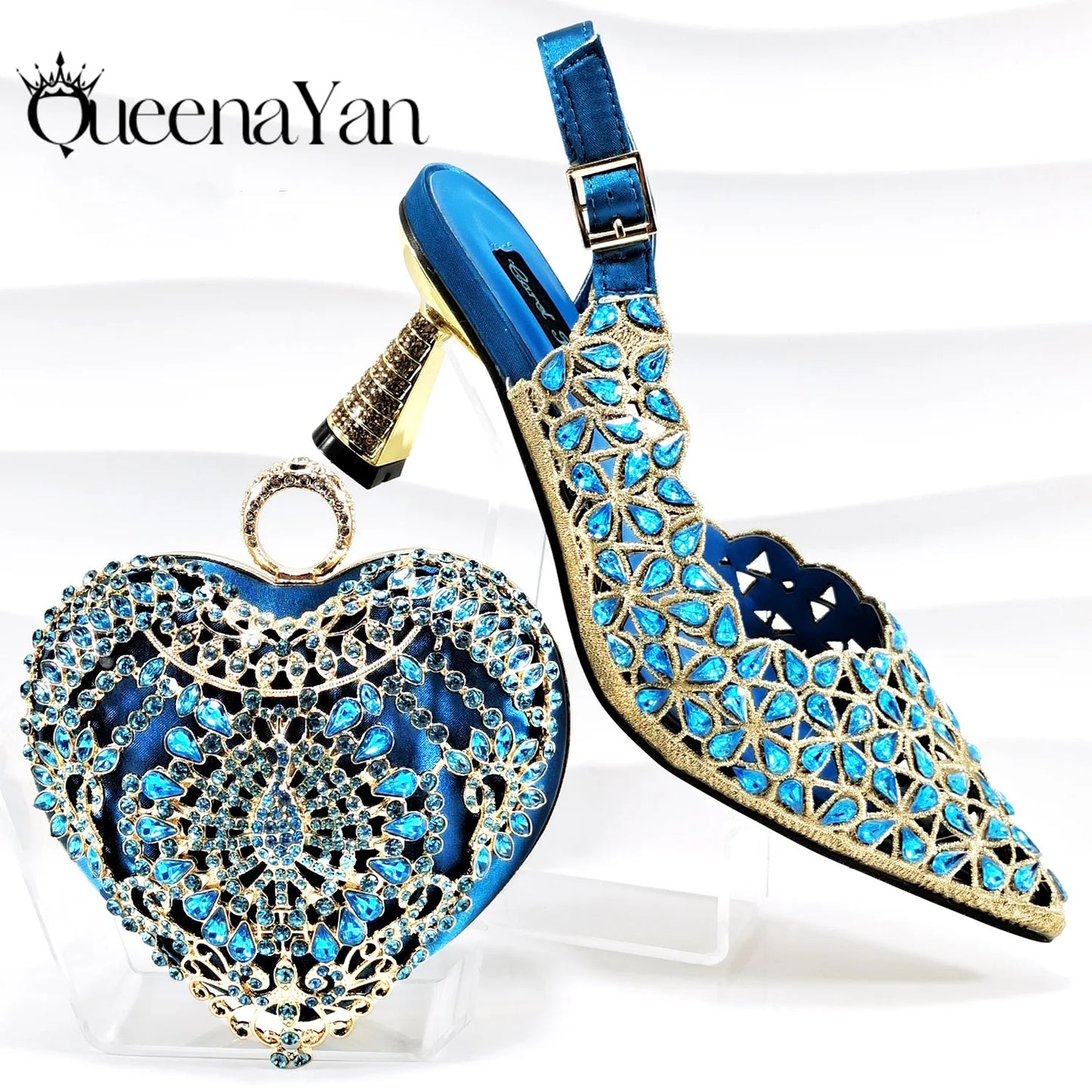 Italian Design Rhinestone-encrusted Sex Ladies Shoes And Special Bag High Heels And Heart Shape Gold Mini Bag