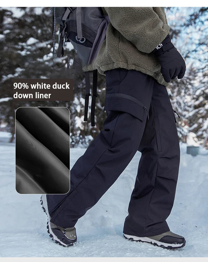 Autumn Winter Men's Three-proof Pants 90 Velvet Warm Fabrics Wear-resistant Large Pockets Elastic Waist Outdoor Sports Pants
