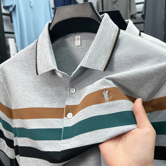Boutique cotton short sleeve men's polo shirt 2025 summer fashion striped high-end flip collar top casual youth business T-shirt