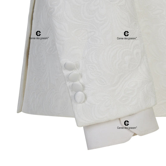2023 Men's Suit for Wedding Ivory Paisley Jacket Tuxedo Black Pants with Satin Side Stripe Slim Fit Shawl Lapel