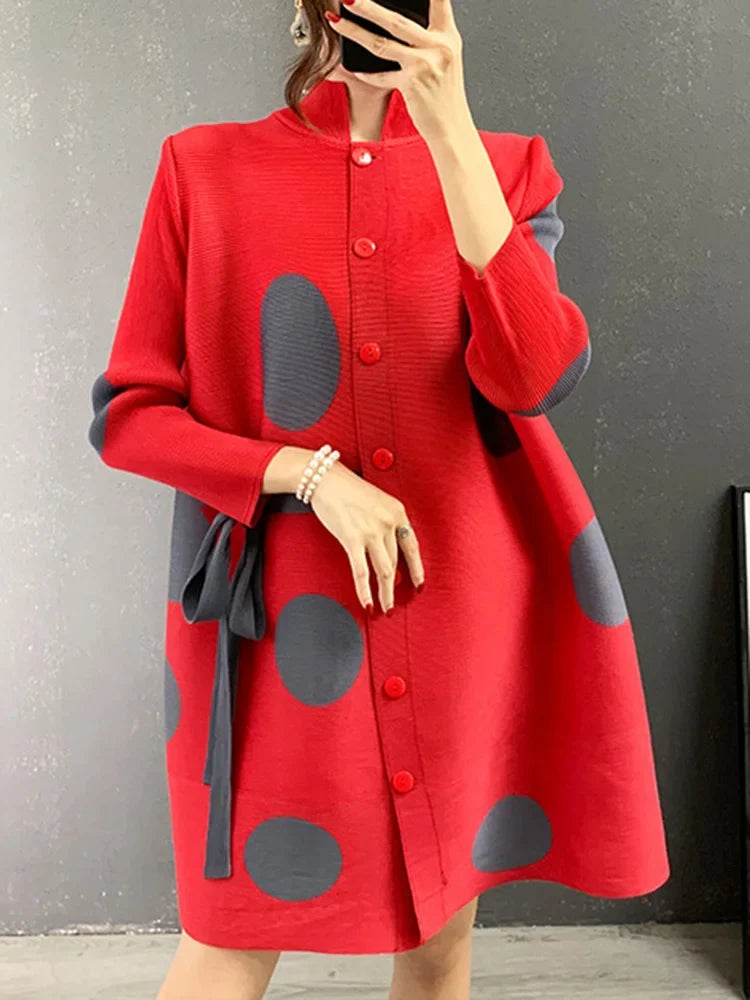 Miyake Pleated Dot Printing Dress 2025 Autumn Single Breasted Plus Size Drawstring Elegant Streetwear Festival Women Clothing