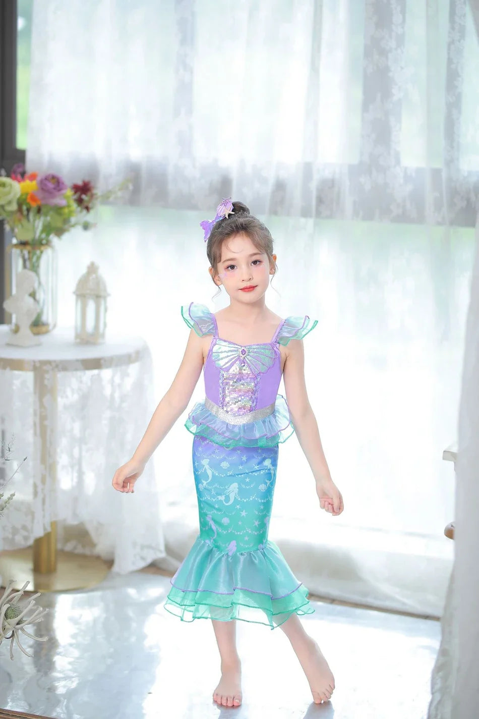 Halloween Costume Mermaid Dress Girl Ruffles Shell Fishtail Frocks Ariel Fantasy Luxury Princess Gown Children Fancy Fairy Dress