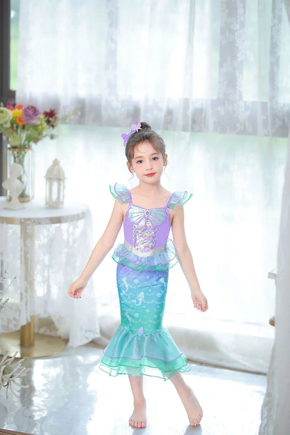 Halloween Costume Mermaid Dress Girl Ruffles Shell Fishtail Frocks Ariel Fantasy Luxury Princess Gown Children Fancy Fairy Dress