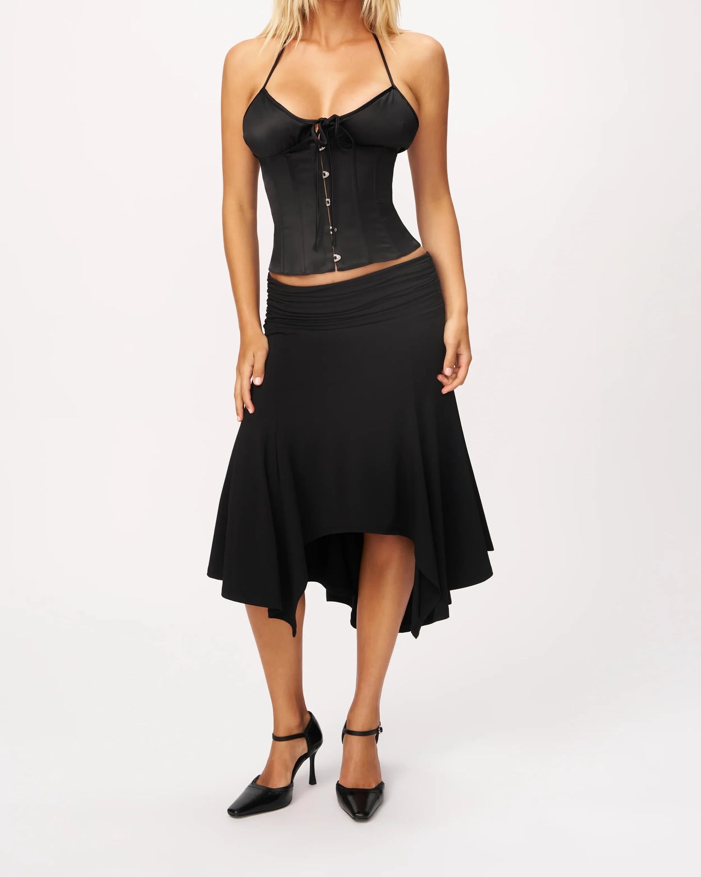 Guz Low-Waist Pleated Irregular Fishtail Skirt, Vintage Drapey Elastic Mid-Length Asymmetrical Hem Sexy Skirt, Pleated Irregular Mid-Length Skirt, Slimming Large Hem Fishtail Skirt, Black Drapey Skirt