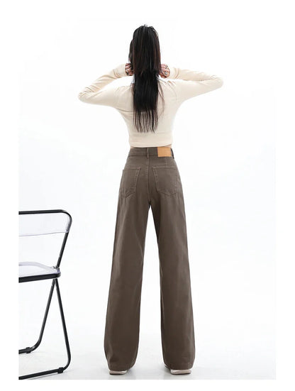 Baggy High Street Fashion Straight brown Jeans for Women's Y2k High Waist Female Clothing Solid Color Casual Wide Denim Trousers