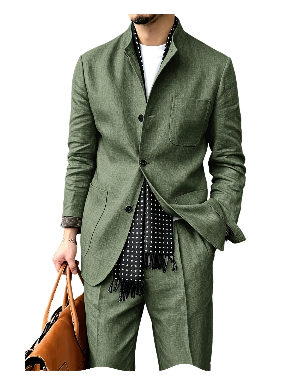 Men's Linen Blend 2 Piece Suit Set Stand Collar Breathable Casual Blazer Pants For Business Daily Wear