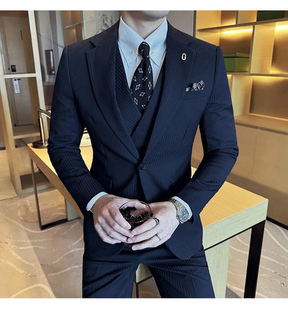 Luxury Stripe Men Suit Korean Version Fashion Elegant Slim Fit Tuxedo Formal Groom Wedding Social Suits