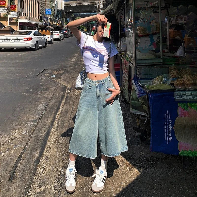 Summer American Style Vintage Women Baggy Jeans Y2k Loose Washed High Waist Knee Length Denim Pants Streetwear Wide Leg Shorts