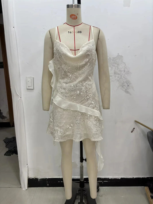 Sexy Chic Women Dress Solid Cami Backless Sequined Tierred Mini Short Dress Fashion 2025 Fall Evening Club Party Dress
