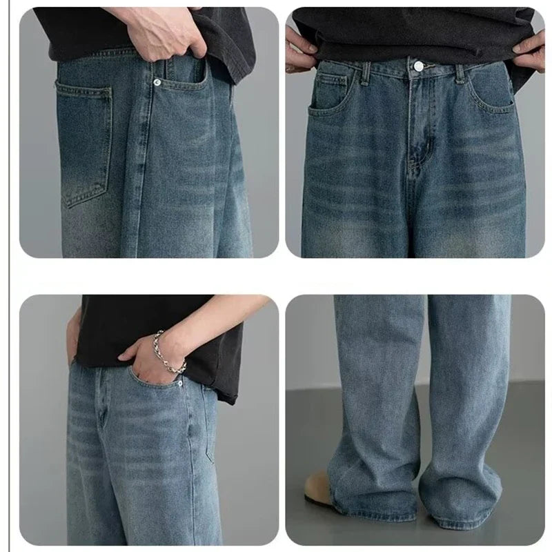 Men Classic Straight Leg Casual Jeans Male Brand Wide Leg Black Denim Pants Simple Vintage Outside High Street Denim Trousers