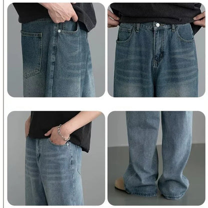 Men Classic Straight Leg Casual Jeans Male Brand Wide Leg Black Denim Pants Simple Vintage Outside High Street Denim Trousers