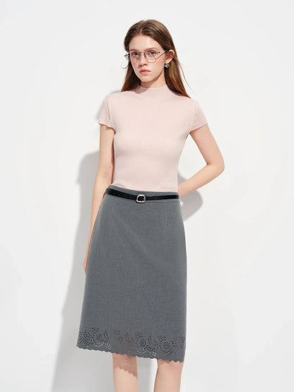 2026 Spring Women's Semi-High Neck Solid Wool Knit Sweater - Slim Fit Short Sleeve Simple Top for Casual Office Wear