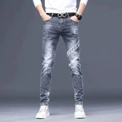 High End Stylish Classic Distinctive Printed Black Stretch Denim Jeans for Men High Quality Slim Fit Stretch Luxury Denim Pants