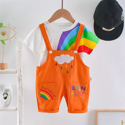 Summer Baby Boys Girls Clothes Infant Cotton Rainbow T Shirt Bib Pants 2pcs/Set Kids Garment Children Casual Sport Suit 0-4 Year