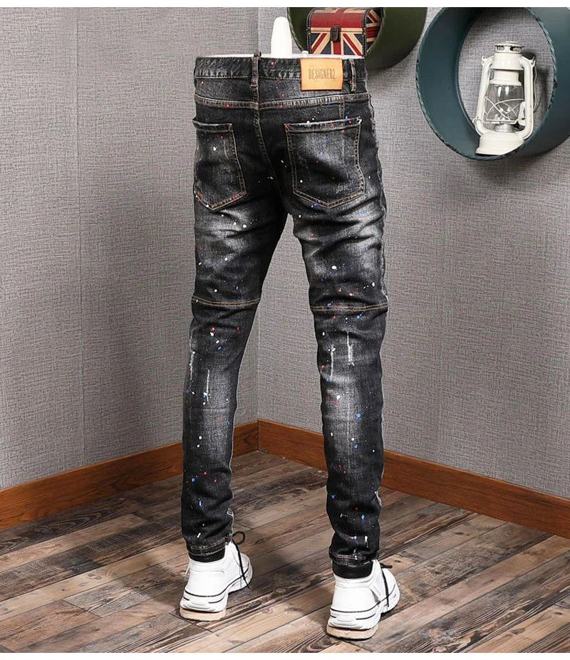 Fashion Streetwear Men Jeans Retro Black Blue Elastic Slim Fit Ripped Jeans Men Spliced Designer Embroidery Hip Hop Denim Pants