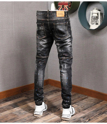Fashion Streetwear Men Jeans Retro Black Blue Elastic Slim Fit Ripped Jeans Men Spliced Designer Embroidery Hip Hop Denim Pants