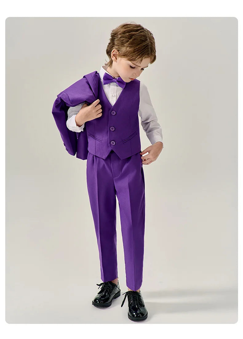 Prince Kids Purple Jakcet Vest Pants Bowtie Piano Party Dress Boys Wedding Ceremony Photograph Suit Children Performance Costume
