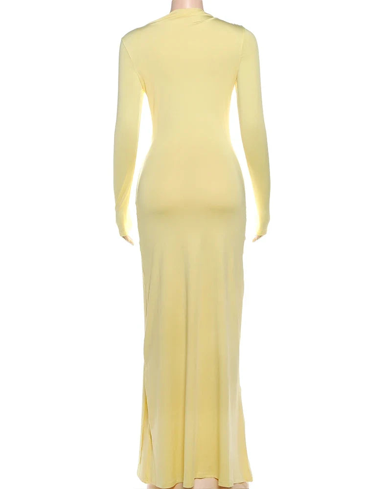 Ruched Elegant Maxi Dress Women Daily Casual Fashion Skinny Full Sleeve Solid Gown Midnight Prom Party Long Bodycon