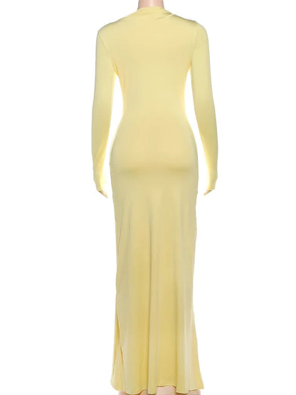 Ruched Elegant Maxi Dress Women Daily Casual Fashion Skinny Full Sleeve Solid Gown Midnight Prom Party Long Bodycon