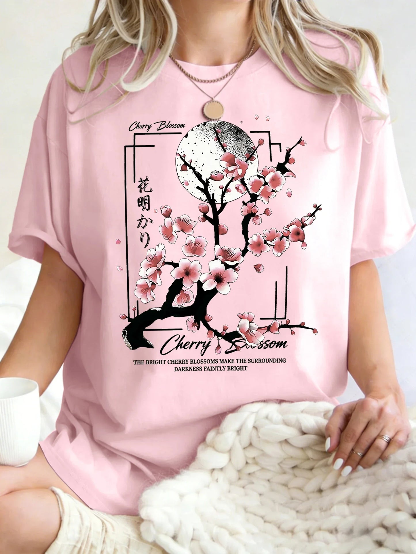Japanese Cherry Blossom Design Women'S T-Shirt Loose Cotton T Shirts Crewneck Trendy Short Sleeve Y2K Summer Casual Streetwear