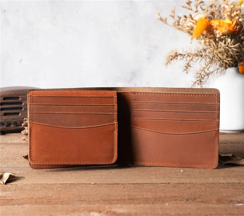 Men Handmade Crazy Horse Leather Wallet Men's Casual Simple Horizontal First Layer Cowhide Short Genuine Leather Clutch