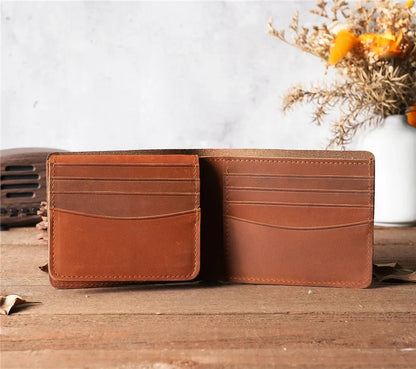 Men Handmade Crazy Horse Leather Wallet Men's Casual Simple Horizontal First Layer Cowhide Short Genuine Leather Clutch