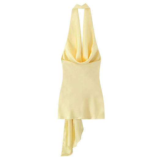 Chic Sexy 2026 Women Mini Dress Fashion Summer Asymmetric Neck-mounted Mini Dress Lace Yellow Sleeveless Female Vestidos