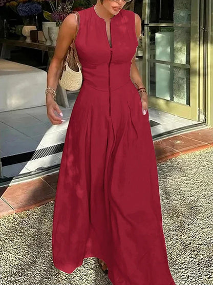 Office Lady Commute Pleated A-line Dress 2026 New Summer Fashion Solid Color Sleeveless Zipper Evening Maxi Dresses
