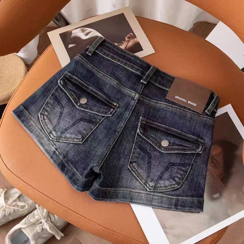 American Style High Street Retro Jean Shorts Female Y2K Low-Waisted Elastic Denim Shorts Woman Gothic Sexy Clubwear Short Jeans