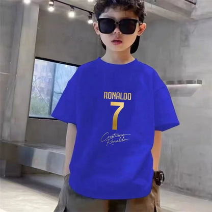 Children Short-sleeved T-shirt+Shorts Black Boys Girls Toddler 3-12Yrs Sports Set Football Player No. 7 Summer Cool Clothing