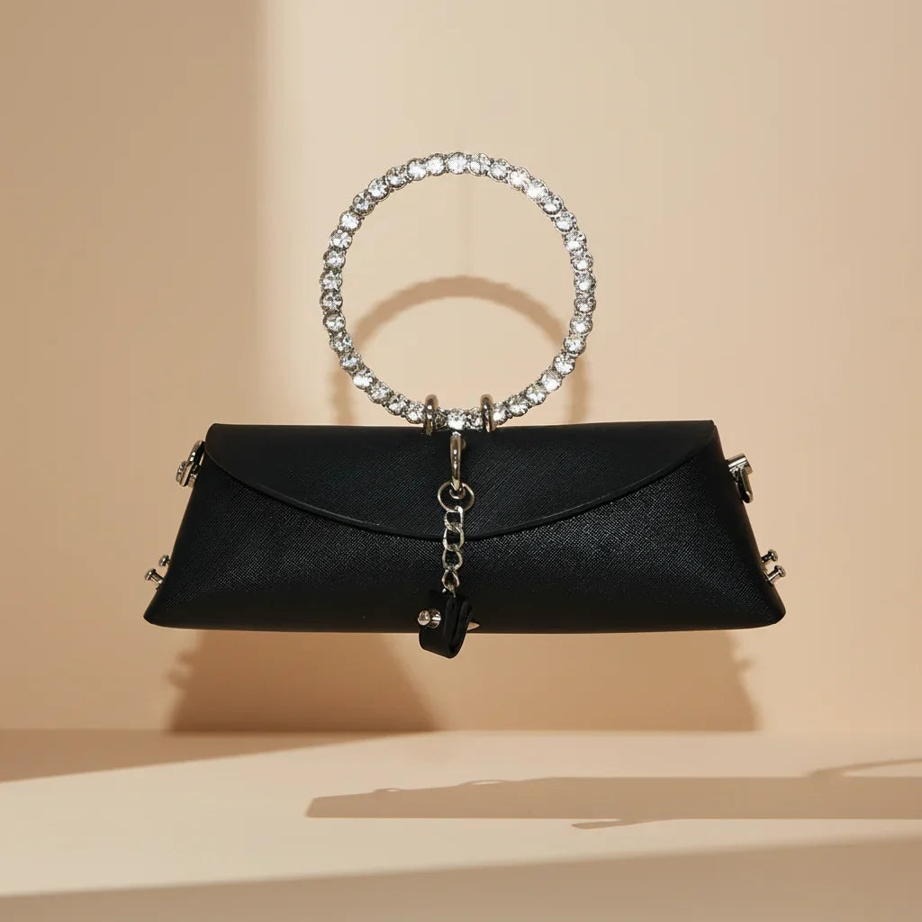 Clutch Bag Luxury Designer Handbag for Women 2025 with Chain Metal Ring Handle PU Leather Rhinestones Purses Shoulder Bag