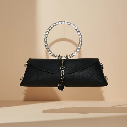 Clutch Bag Luxury Designer Handbag for Women 2025 with Chain Metal Ring Handle PU Leather Rhinestones Purses Shoulder Bag