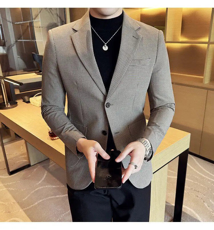 Korean Vintage Elegant Men's Business Slim Fit Suit Jacket 2026 New Fashion Lapel Single Breasted Men Social Party Dress Coats