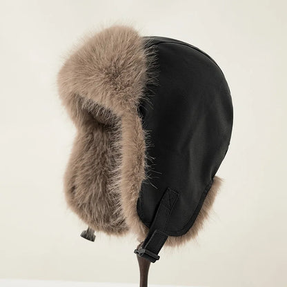 Women Winter Windproof Cold Proof Hat Man Warm Leather Pilot Hats Adult Long Fur Ear Protection Cap