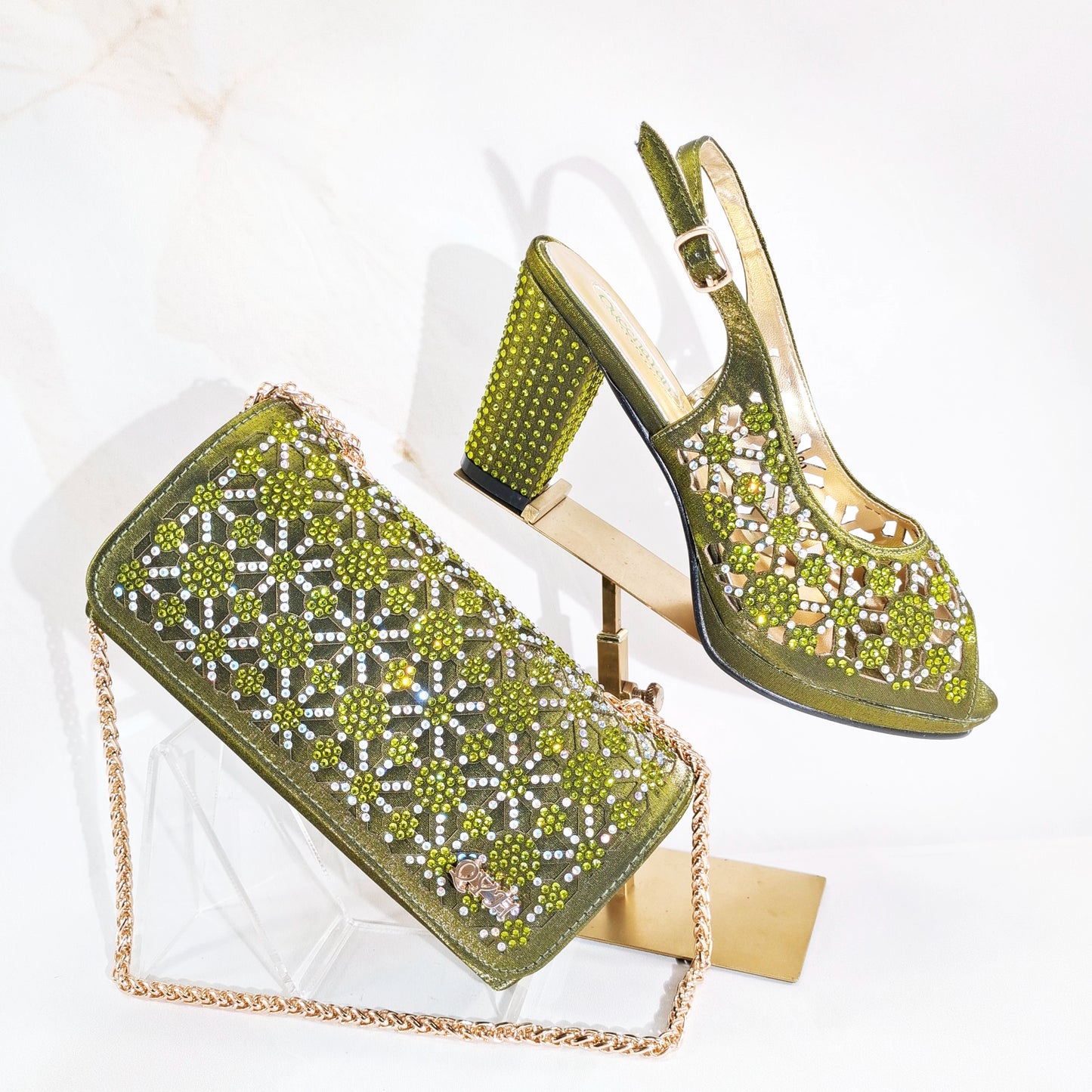 2025 New Rhinestone Design African-Inspired Shoe and Bag Set Olive Toe-Exposing Comfortable Women's High Heels Trending on INS