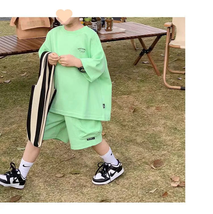 Summer Casual Boys Cotton Loose Alphabet T-shirt Tops+Short Pants Set School Kids Tracksuit Children 2-Piece Outfit Suit 2-14Yrs