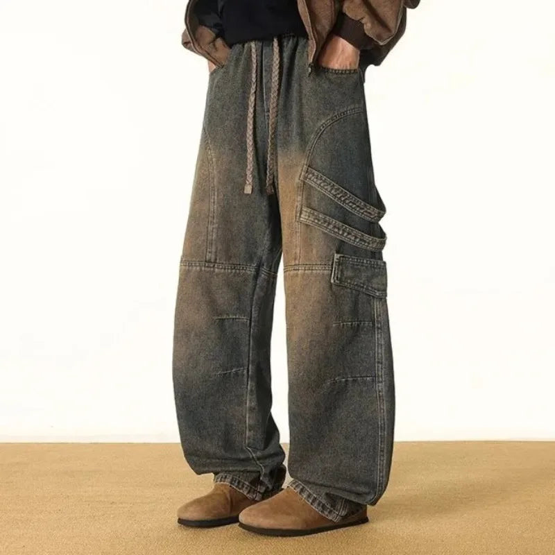 Mens Jeans Harajuku Streetwear Oversized Print Baggy Y2K Gothic Hip Hop Vintage High Waist Wide Leg Denim Pants Casual Fashion